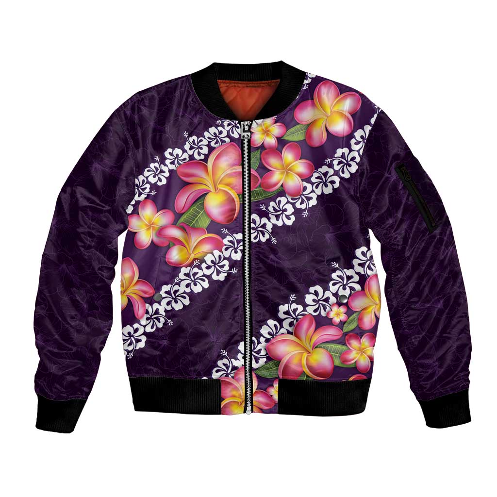 Purple Polynesia Sleeve Zip Bomber Jacket Plumeria With Hibiscus Pattern Tropical Vibes LT14 Unisex Purple - Polynesian Pride