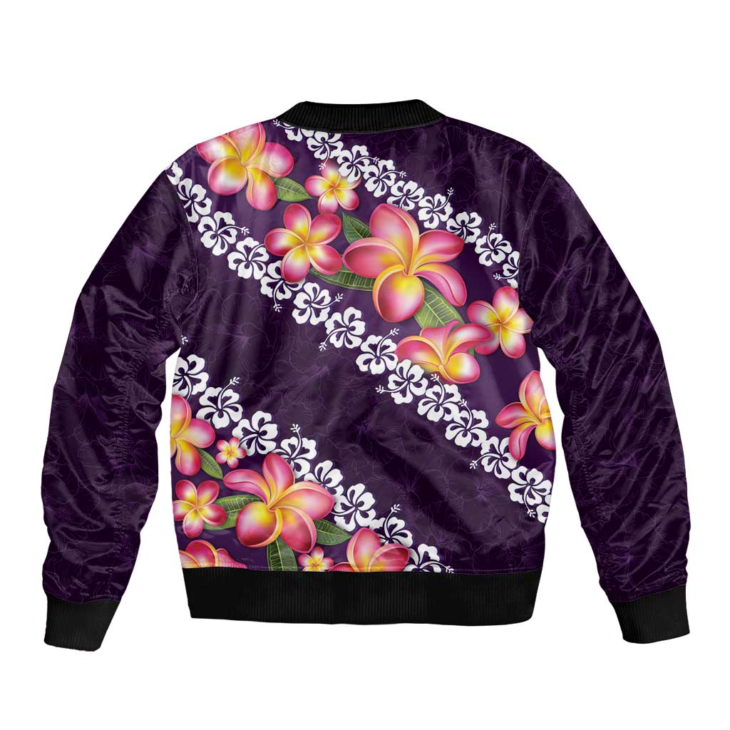 Purple Polynesia Sleeve Zip Bomber Jacket Plumeria With Hibiscus Pattern Tropical Vibes LT14 - Polynesian Pride