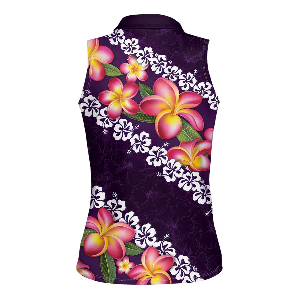 Purple Polynesia Women Sleeveless Polo Shirt Plumeria With Hibiscus Pattern Tropical Vibes