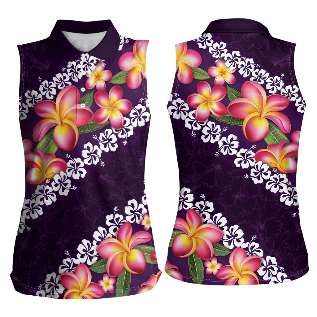 Purple Polynesia Women Sleeveless Polo Shirt Plumeria With Hibiscus Pattern Tropical Vibes