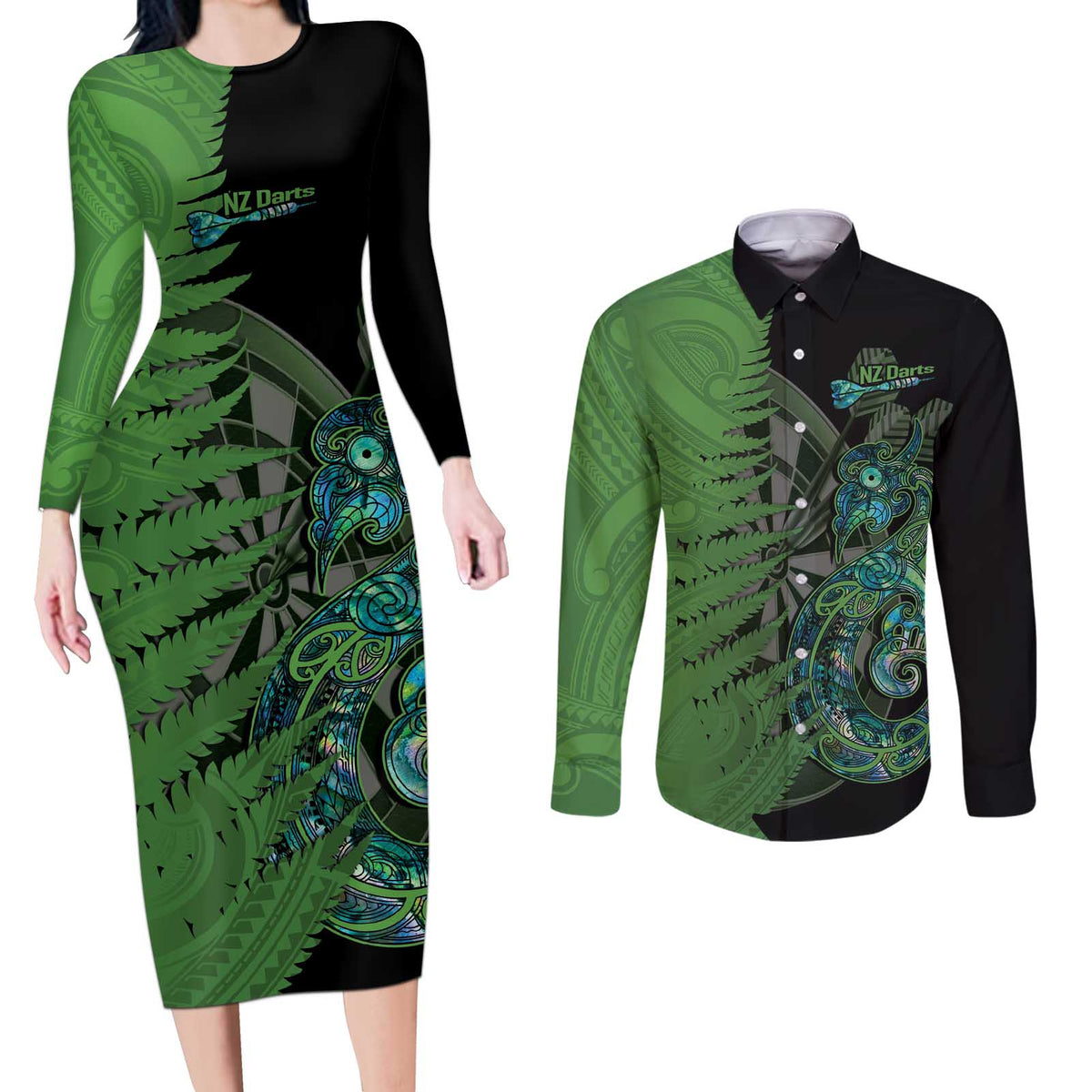 Personalised New Zealand Darts Couples Matching Long Sleeve Bodycon Dress and Long Sleeve Button Shirt Aotearoa Maori Fern Mix Manaia Tattoo LT14 Green - Polynesian Pride