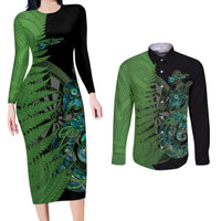 Personalised New Zealand Darts Couples Matching Long Sleeve Bodycon Dress and Long Sleeve Button Shirt Aotearoa Maori Fern Mix Manaia Tattoo LT14 Green - Polynesian Pride