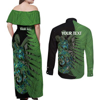 Personalised New Zealand Darts Couples Matching Off Shoulder Maxi Dress and Long Sleeve Button Shirt Aotearoa Maori Fern Mix Manaia Tattoo LT14 - Polynesian Pride