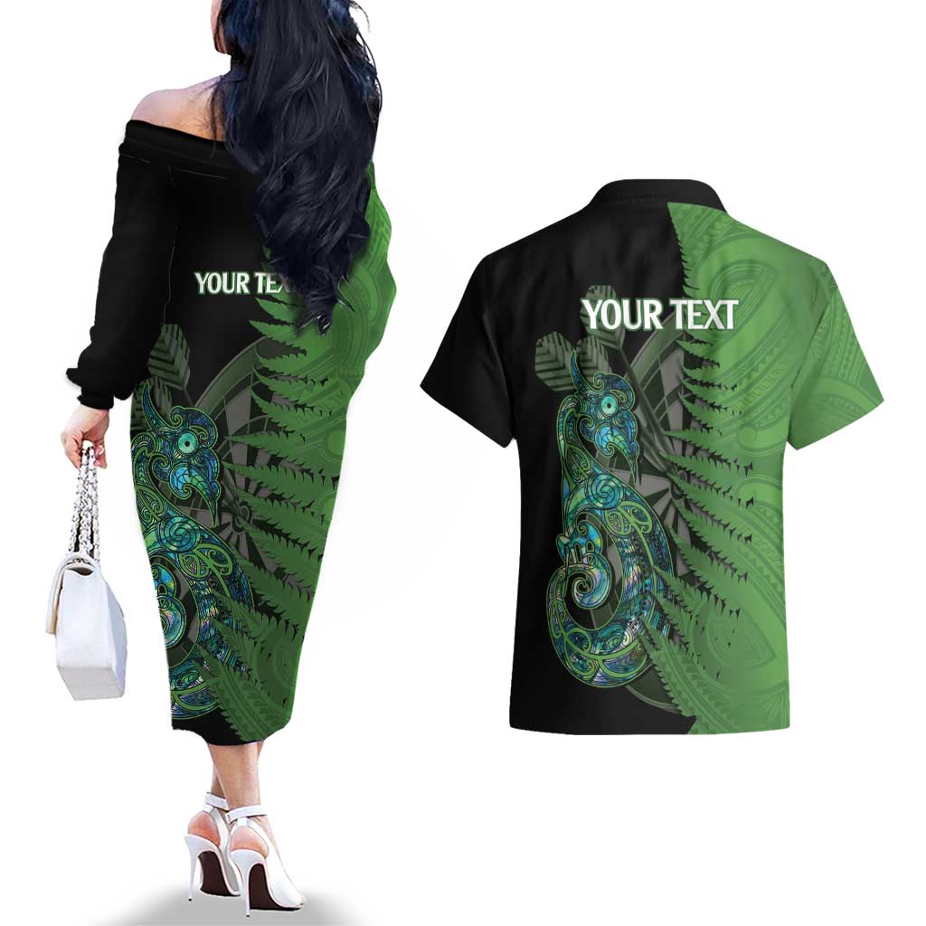 Personalised New Zealand Darts Couples Matching Off The Shoulder Long Sleeve Dress and Hawaiian Shirt Aotearoa Maori Fern Mix Manaia Tattoo LT14 - Polynesian Pride
