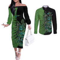 Personalised New Zealand Darts Couples Matching Off The Shoulder Long Sleeve Dress and Long Sleeve Button Shirt Aotearoa Maori Fern Mix Manaia Tattoo LT14 Green - Polynesian Pride