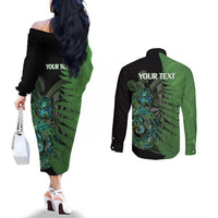 Personalised New Zealand Darts Couples Matching Off The Shoulder Long Sleeve Dress and Long Sleeve Button Shirt Aotearoa Maori Fern Mix Manaia Tattoo LT14 - Polynesian Pride