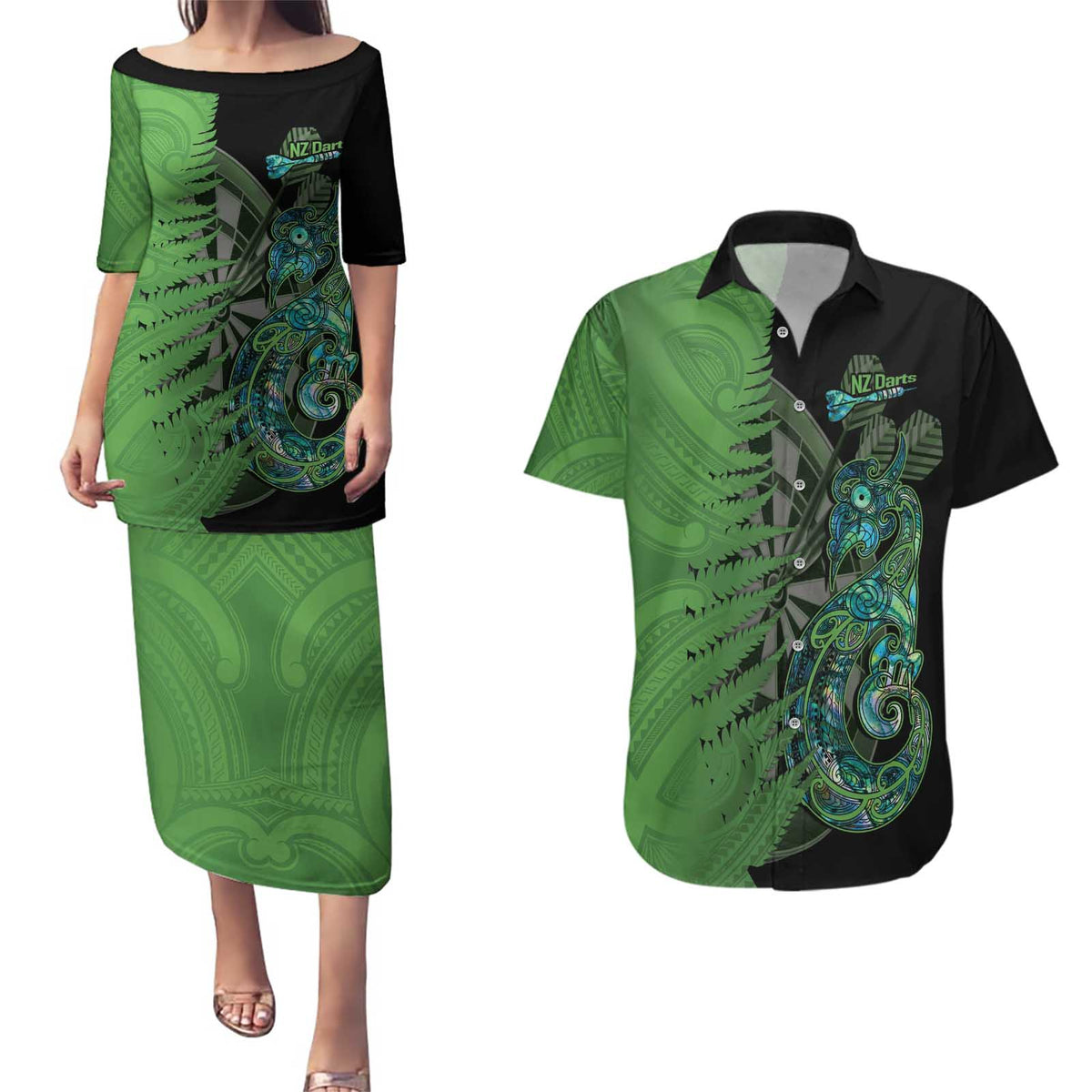 Personalised New Zealand Darts Couples Matching Puletasi and Hawaiian Shirt Aotearoa Maori Fern Mix Manaia Tattoo LT14 Green - Polynesian Pride