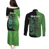 Personalised New Zealand Darts Couples Matching Puletasi and Long Sleeve Button Shirt Aotearoa Maori Fern Mix Manaia Tattoo LT14 - Polynesian Pride
