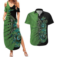 Personalised New Zealand Darts Couples Matching Summer Maxi Dress and Hawaiian Shirt Aotearoa Maori Fern Mix Manaia Tattoo LT14 Green - Polynesian Pride