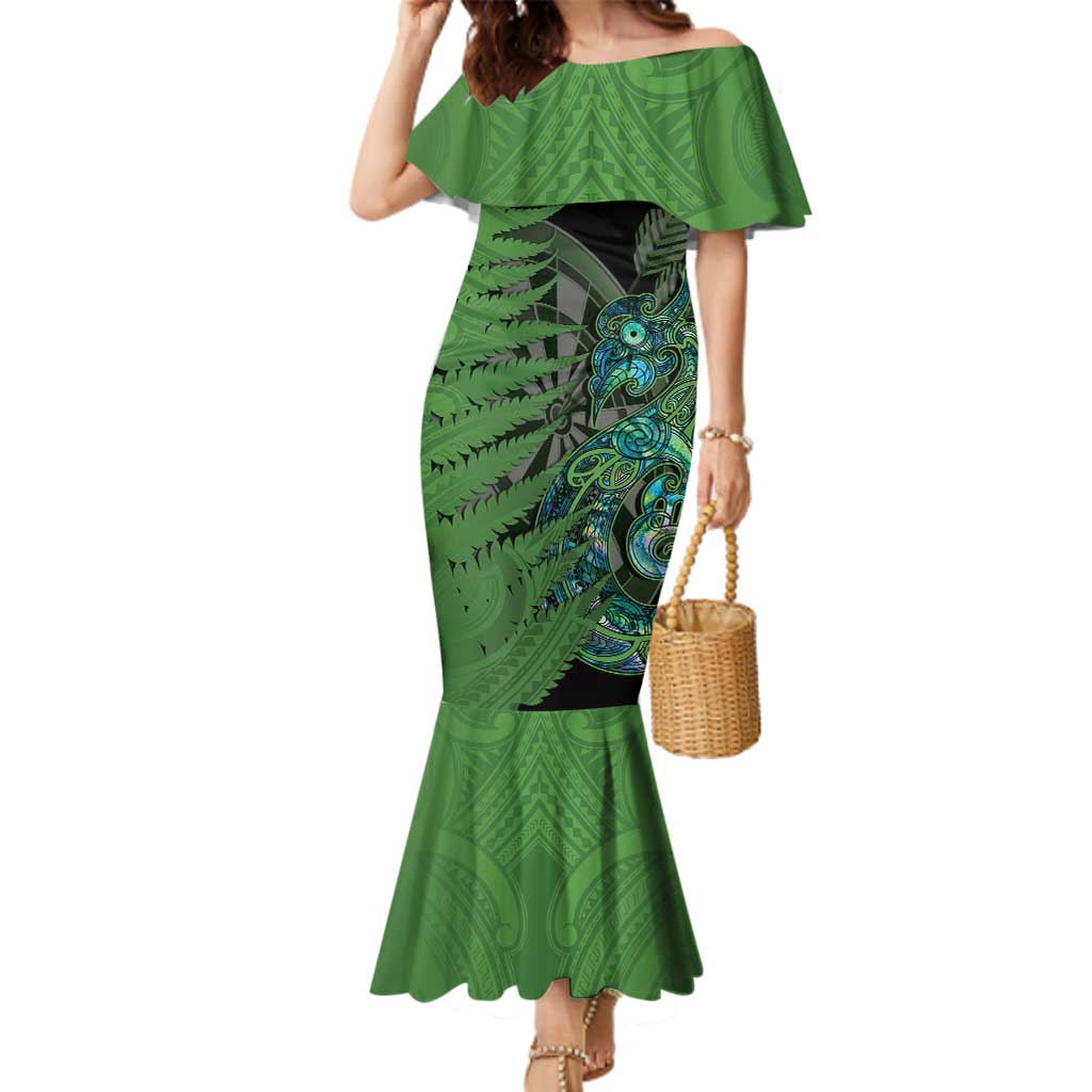 Personalised New Zealand Darts Family Matching Mermaid Dress and Hawaiian Shirt Aotearoa Maori Fern Mix Manaia Tattoo LT14 Mom's Dress Green - Polynesian Pride