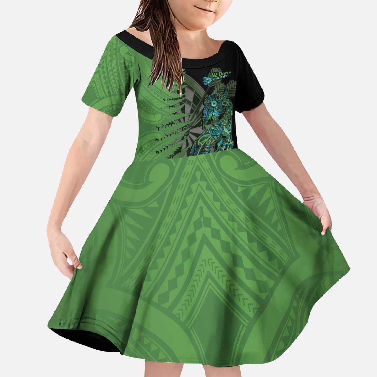 Personalised New Zealand Darts Family Matching Off The Shoulder Long Sleeve Dress and Hawaiian Shirt Aotearoa Maori Fern Mix Manaia Tattoo LT14 Daughter's Dress Green - Polynesian Pride