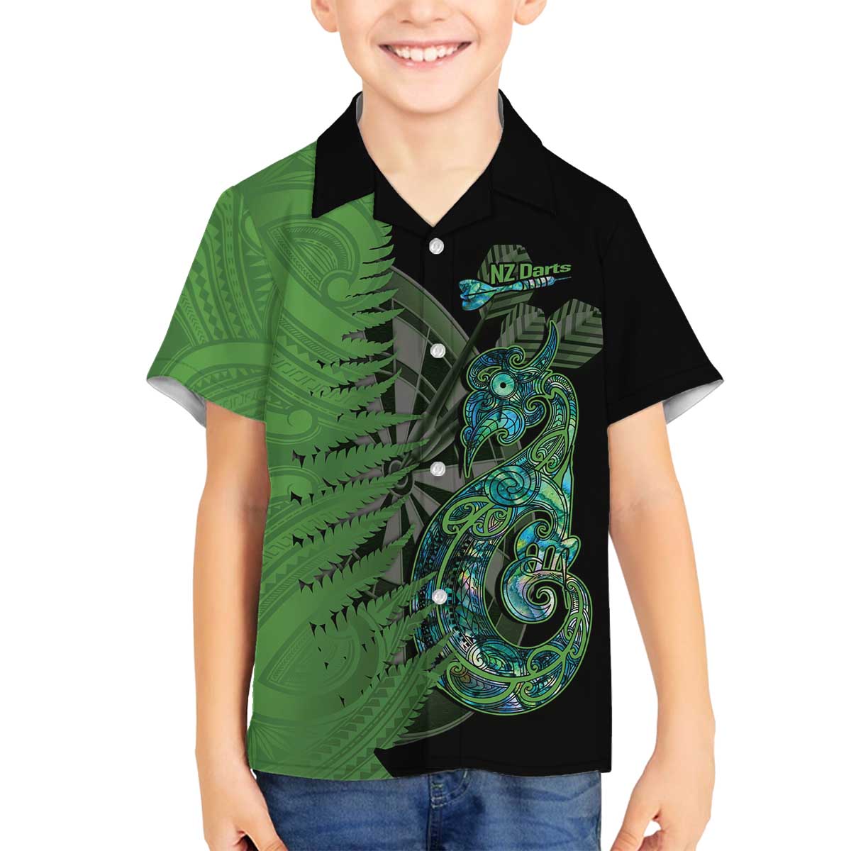 Personalised New Zealand Darts Family Matching Off The Shoulder Long Sleeve Dress and Hawaiian Shirt Aotearoa Maori Fern Mix Manaia Tattoo LT14 Son's Shirt Green - Polynesian Pride