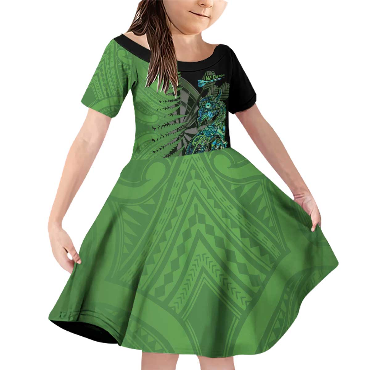 Personalised New Zealand Darts Family Matching Off Shoulder Short Dress and Hawaiian Shirt Aotearoa Maori Fern Mix Manaia Tattoo LT14 Daughter's Dress Green - Polynesian Pride