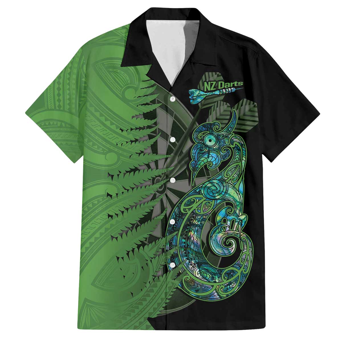 Personalised New Zealand Darts Family Matching Off Shoulder Short Dress and Hawaiian Shirt Aotearoa Maori Fern Mix Manaia Tattoo LT14 Dad's Shirt - Short Sleeve Green - Polynesian Pride