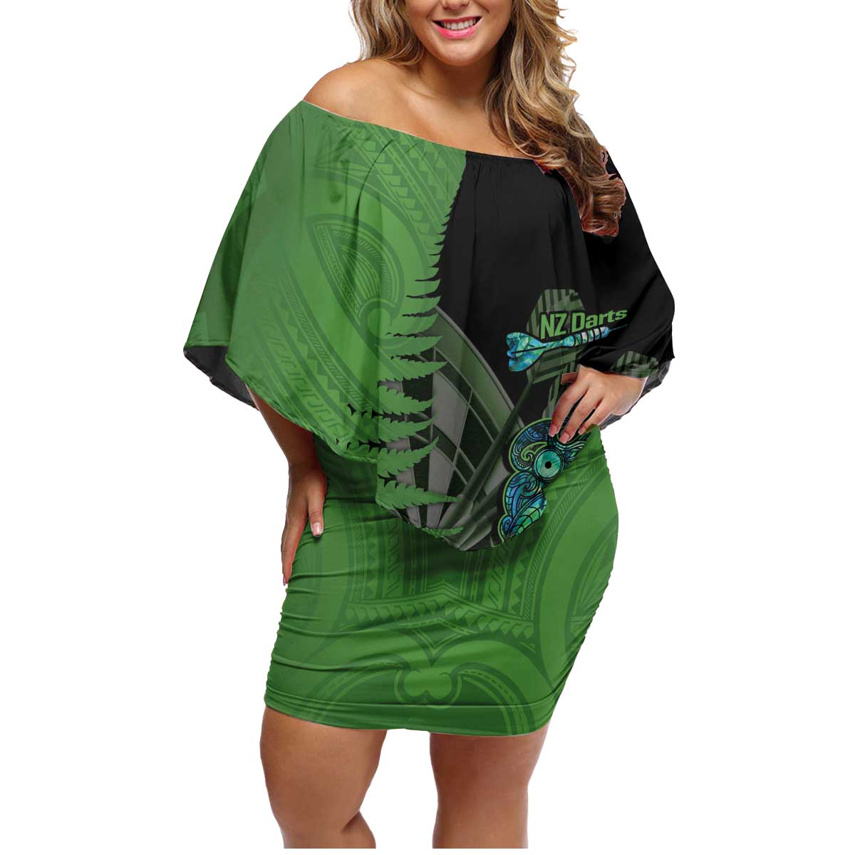 Personalised New Zealand Darts Family Matching Off Shoulder Short Dress and Hawaiian Shirt Aotearoa Maori Fern Mix Manaia Tattoo LT14 Mom's Dress Green - Polynesian Pride