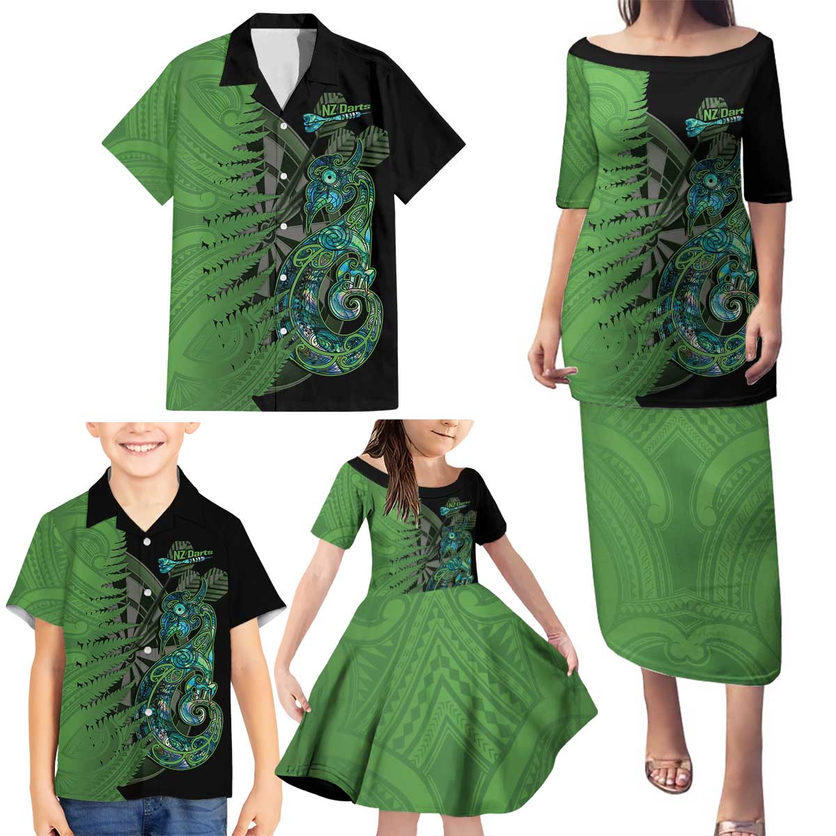 Personalised New Zealand Darts Family Matching Puletasi and Hawaiian Shirt Aotearoa Maori Fern Mix Manaia Tattoo LT14 - Polynesian Pride