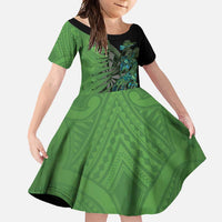 Personalised New Zealand Darts Family Matching Short Sleeve Bodycon Dress and Hawaiian Shirt Aotearoa Maori Fern Mix Manaia Tattoo LT14 Daughter's Dress Green - Polynesian Pride