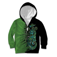 Personalised New Zealand Darts Kid Hoodie Aotearoa Maori Fern Mix Manaia Tattoo LT14 Zip Hoodie Green - Polynesian Pride