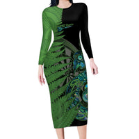 Personalised New Zealand Darts Long Sleeve Bodycon Dress Aotearoa Maori Fern Mix Manaia Tattoo LT14 Long Dress Green - Polynesian Pride