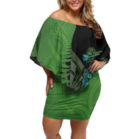 Personalised New Zealand Darts Off Shoulder Short Dress Aotearoa Maori Fern Mix Manaia Tattoo LT14 Women Green - Polynesian Pride