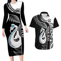 Personalised New Zealand Darts Couples Matching Long Sleeve Bodycon Dress and Hawaiian Shirt Aotearoa Fern Mix Paua Shell Manaia - Black LT14 Black - Polynesian Pride