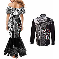 Personalised New Zealand Darts Couples Matching Mermaid Dress and Long Sleeve Button Shirt Aotearoa Fern Mix Paua Shell Manaia - Black LT14 - Polynesian Pride