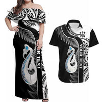 Personalised New Zealand Darts Couples Matching Off Shoulder Maxi Dress and Hawaiian Shirt Aotearoa Fern Mix Paua Shell Manaia - Black LT14 Black - Polynesian Pride