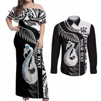 Personalised New Zealand Darts Couples Matching Off Shoulder Maxi Dress and Long Sleeve Button Shirt Aotearoa Fern Mix Paua Shell Manaia - Black LT14 Black - Polynesian Pride