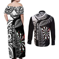 Personalised New Zealand Darts Couples Matching Off Shoulder Maxi Dress and Long Sleeve Button Shirt Aotearoa Fern Mix Paua Shell Manaia - Black LT14 - Polynesian Pride
