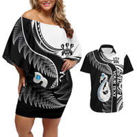Personalised New Zealand Darts Couples Matching Off Shoulder Short Dress and Hawaiian Shirt Aotearoa Fern Mix Paua Shell Manaia - Black LT14 Black - Polynesian Pride