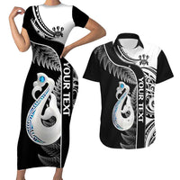 Personalised New Zealand Darts Couples Matching Short Sleeve Bodycon Dress and Hawaiian Shirt Aotearoa Fern Mix Paua Shell Manaia - Black LT14 Black - Polynesian Pride