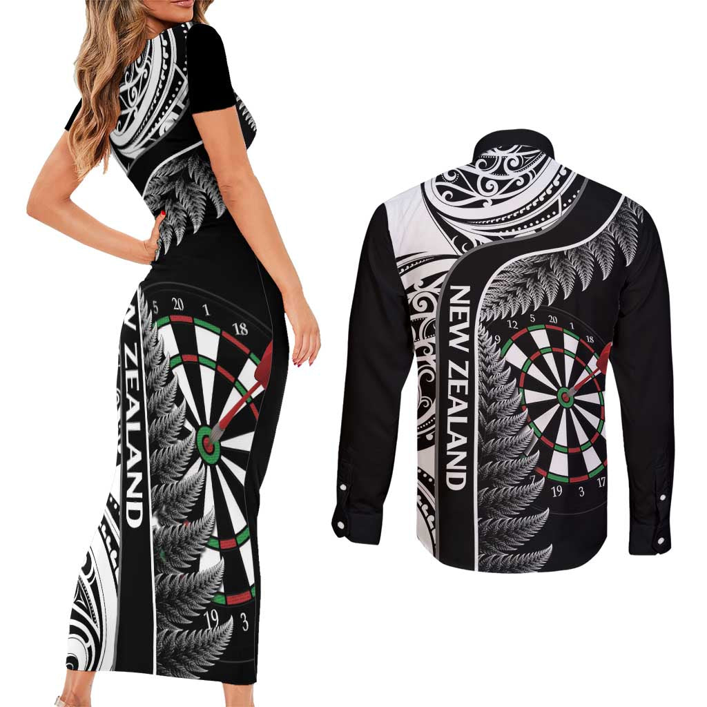Personalised New Zealand Darts Couples Matching Short Sleeve Bodycon Dress and Long Sleeve Button Shirt Aotearoa Fern Mix Paua Shell Manaia - Black LT14 - Polynesian Pride