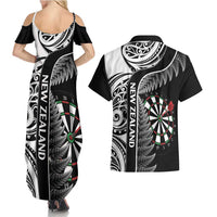 Personalised New Zealand Darts Couples Matching Summer Maxi Dress and Hawaiian Shirt Aotearoa Fern Mix Paua Shell Manaia - Black LT14 - Polynesian Pride