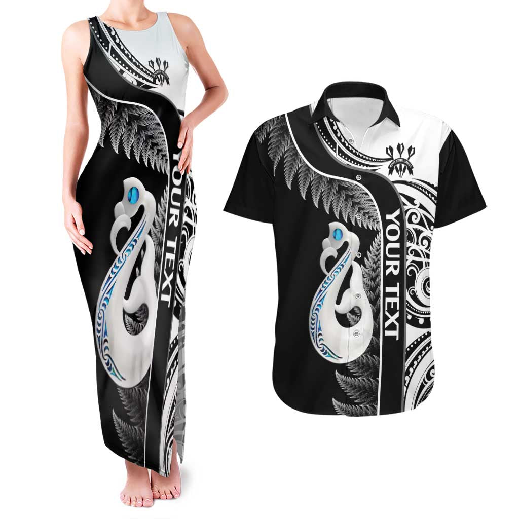 Personalised New Zealand Darts Couples Matching Tank Maxi Dress and Hawaiian Shirt Aotearoa Fern Mix Paua Shell Manaia - Black LT14 Black - Polynesian Pride