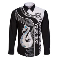 Personalised New Zealand Darts Family Matching Long Sleeve Bodycon Dress and Hawaiian Shirt Aotearoa Fern Mix Paua Shell Manaia - Black LT14 Dad's Shirt - Long Sleeve Black - Polynesian Pride