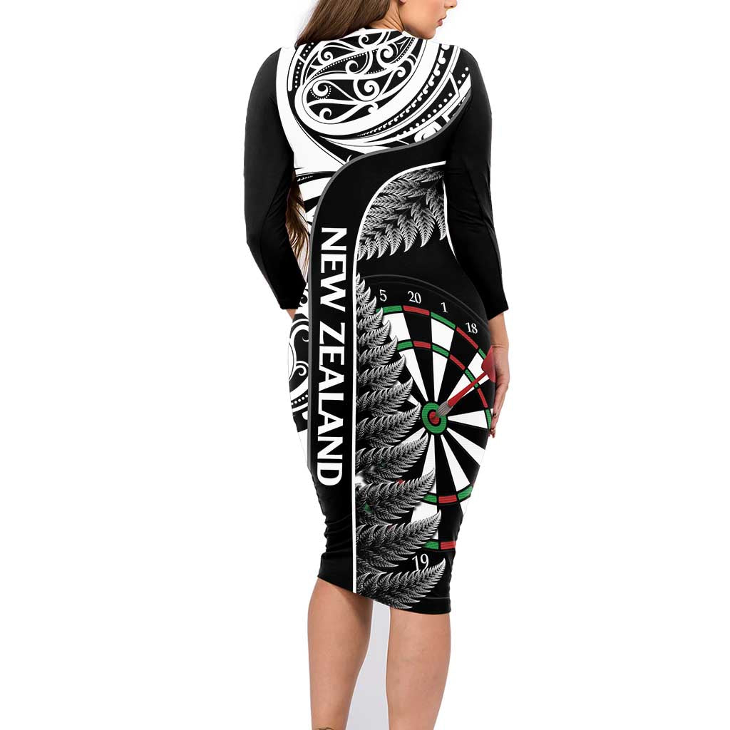 Personalised New Zealand Darts Family Matching Long Sleeve Bodycon Dress and Hawaiian Shirt Aotearoa Fern Mix Paua Shell Manaia - Black LT14 - Polynesian Pride