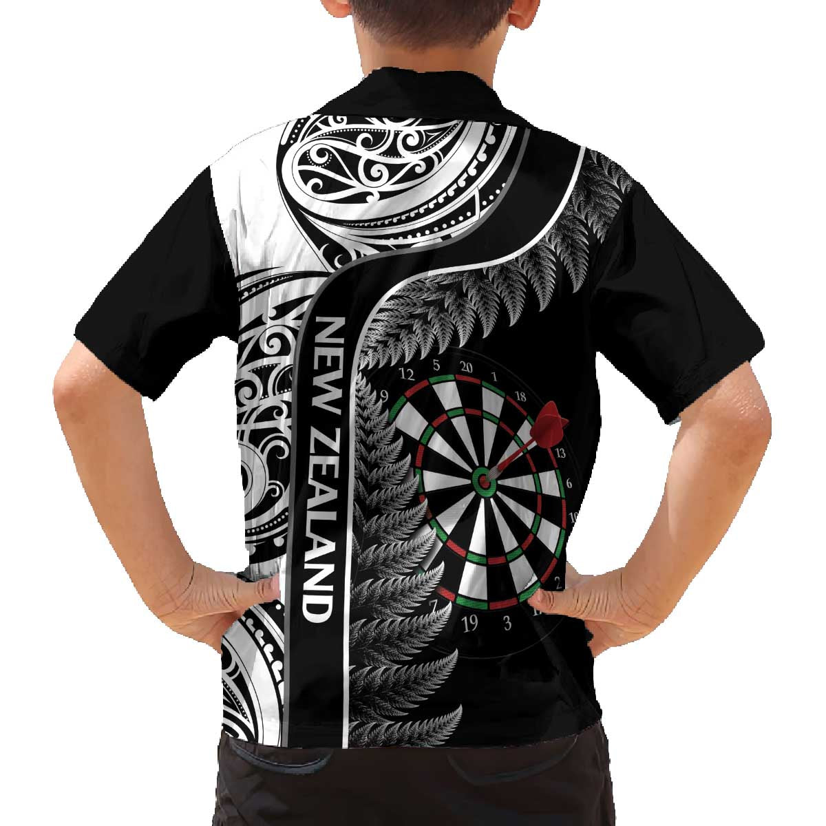 Personalised New Zealand Darts Family Matching Off The Shoulder Long Sleeve Dress and Hawaiian Shirt Aotearoa Fern Mix Paua Shell Manaia - Black LT14 - Polynesian Pride
