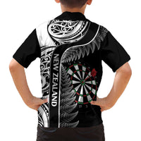 Personalised New Zealand Darts Family Matching Off The Shoulder Long Sleeve Dress and Hawaiian Shirt Aotearoa Fern Mix Paua Shell Manaia - Black LT14 - Polynesian Pride