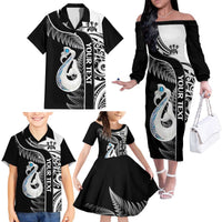 Personalised New Zealand Darts Family Matching Off The Shoulder Long Sleeve Dress and Hawaiian Shirt Aotearoa Fern Mix Paua Shell Manaia - Black LT14 - Polynesian Pride