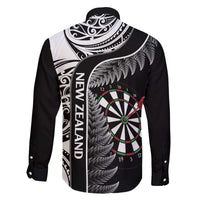 Personalised New Zealand Darts Family Matching Off The Shoulder Long Sleeve Dress and Hawaiian Shirt Aotearoa Fern Mix Paua Shell Manaia - Black LT14 - Polynesian Pride