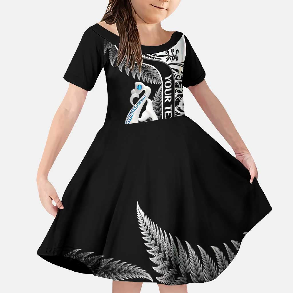 Personalised New Zealand Darts Family Matching Off Shoulder Maxi Dress and Hawaiian Shirt Aotearoa Fern Mix Paua Shell Manaia - Black LT14 Daughter's Dress Black - Polynesian Pride
