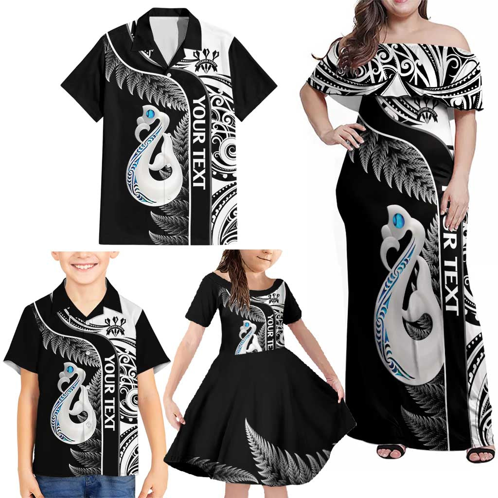 Personalised New Zealand Darts Family Matching Off Shoulder Maxi Dress and Hawaiian Shirt Aotearoa Fern Mix Paua Shell Manaia - Black LT14 - Polynesian Pride