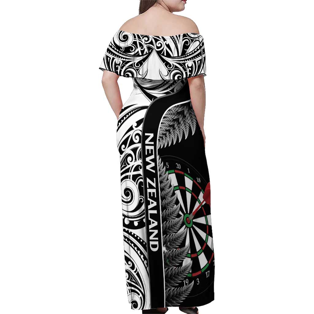 Personalised New Zealand Darts Family Matching Off Shoulder Maxi Dress and Hawaiian Shirt Aotearoa Fern Mix Paua Shell Manaia - Black LT14 - Polynesian Pride