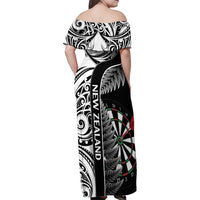 Personalised New Zealand Darts Family Matching Off Shoulder Maxi Dress and Hawaiian Shirt Aotearoa Fern Mix Paua Shell Manaia - Black LT14 - Polynesian Pride