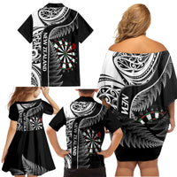 Personalised New Zealand Darts Family Matching Off Shoulder Short Dress and Hawaiian Shirt Aotearoa Fern Mix Paua Shell Manaia - Black LT14 - Polynesian Pride