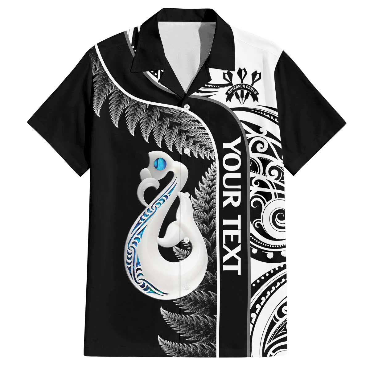 Personalised New Zealand Darts Family Matching Off Shoulder Short Dress and Hawaiian Shirt Aotearoa Fern Mix Paua Shell Manaia - Black LT14 Dad's Shirt - Short Sleeve Black - Polynesian Pride