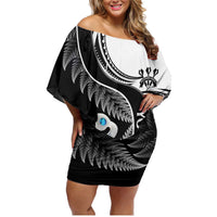 Personalised New Zealand Darts Family Matching Off Shoulder Short Dress and Hawaiian Shirt Aotearoa Fern Mix Paua Shell Manaia - Black LT14 Mom's Dress Black - Polynesian Pride