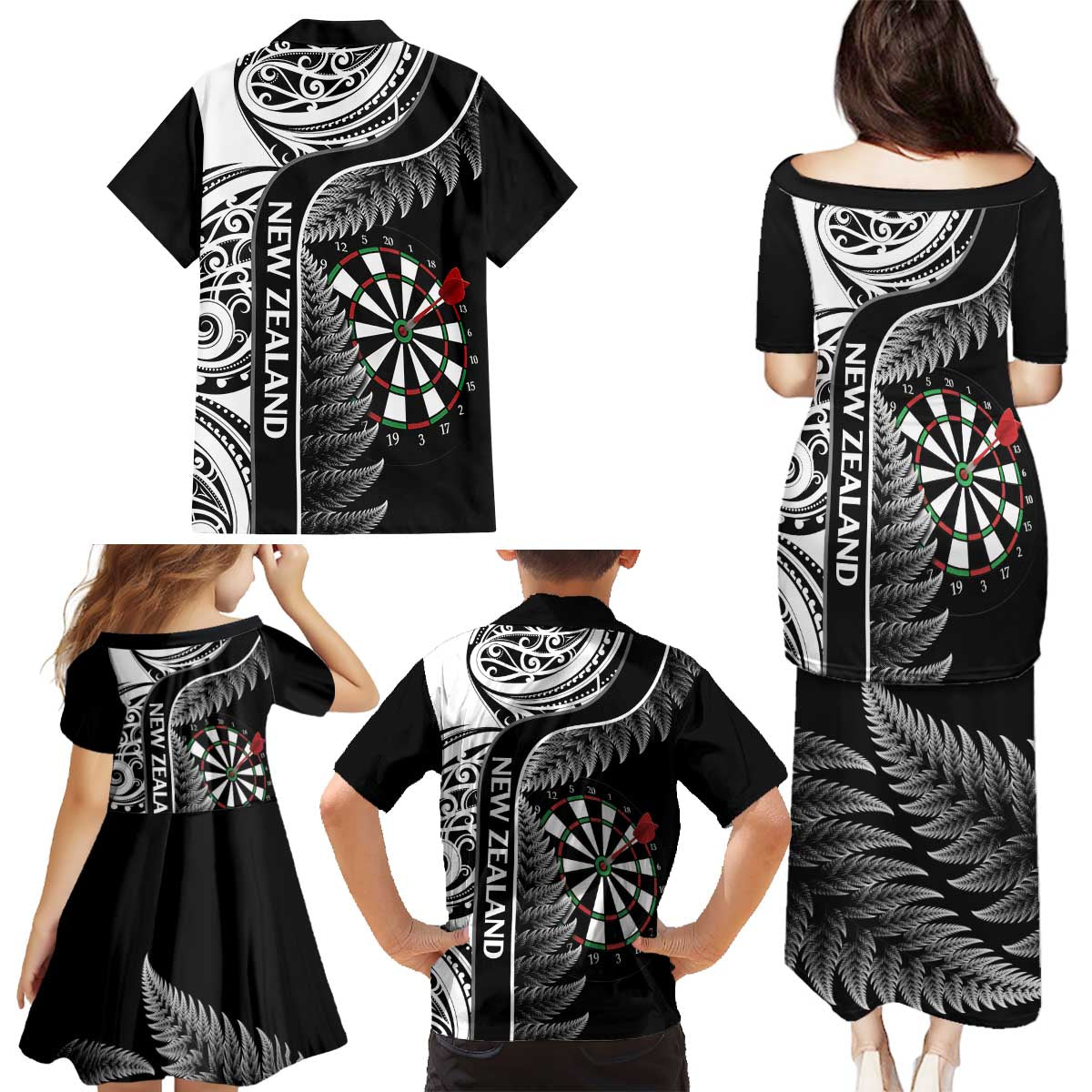 Personalised New Zealand Darts Family Matching Puletasi and Hawaiian Shirt Aotearoa Fern Mix Paua Shell Manaia - Black LT14 - Polynesian Pride