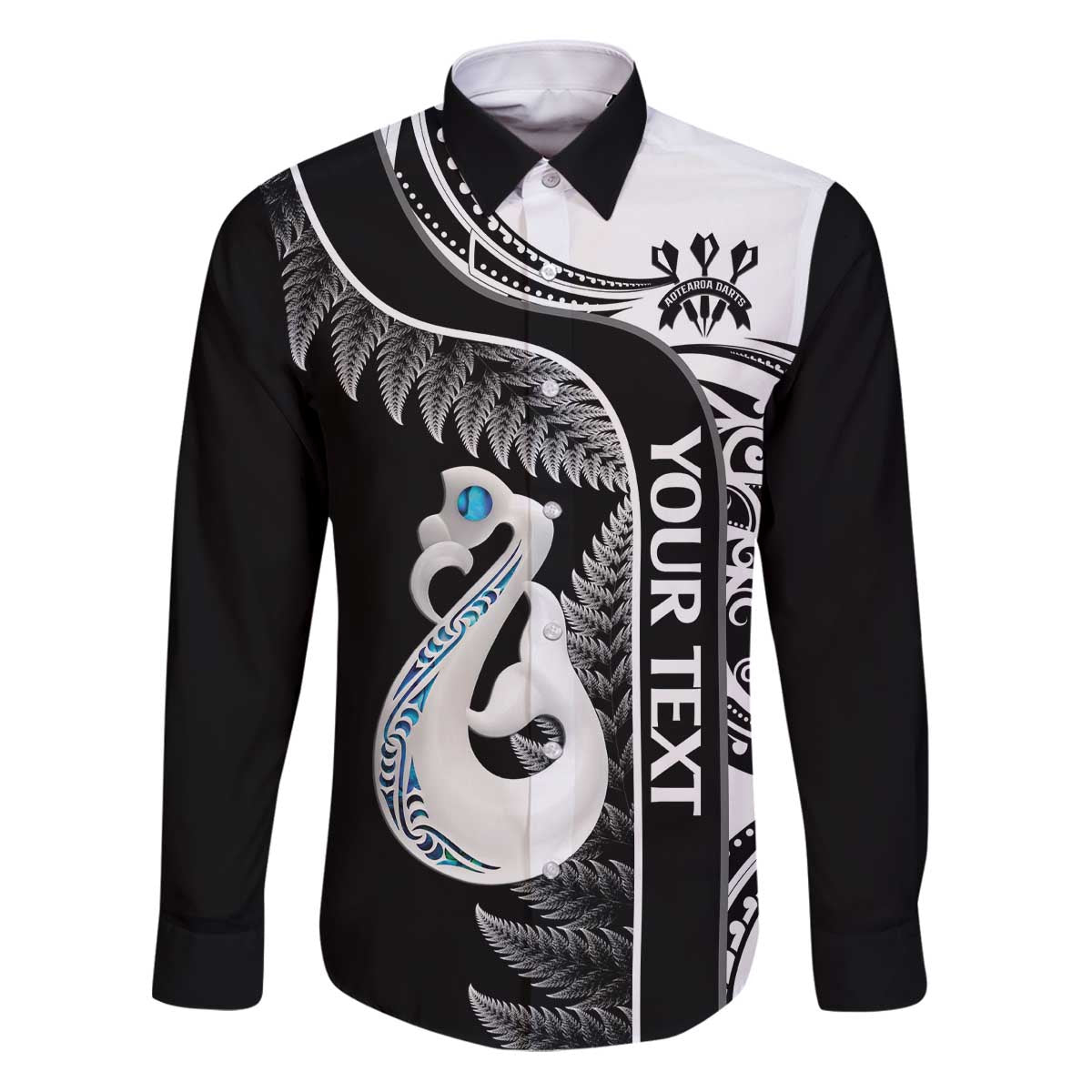 Personalised New Zealand Darts Family Matching Puletasi and Hawaiian Shirt Aotearoa Fern Mix Paua Shell Manaia - Black LT14 Dad's Shirt - Long Sleeve Black - Polynesian Pride