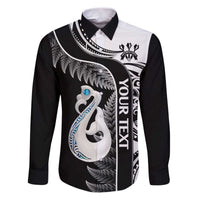 Personalised New Zealand Darts Family Matching Puletasi and Hawaiian Shirt Aotearoa Fern Mix Paua Shell Manaia - Black LT14 Dad's Shirt - Long Sleeve Black - Polynesian Pride